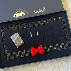 Brand New Carfond Luxury Bling Black w/ Red Bow Rhinestone License Plate Frame